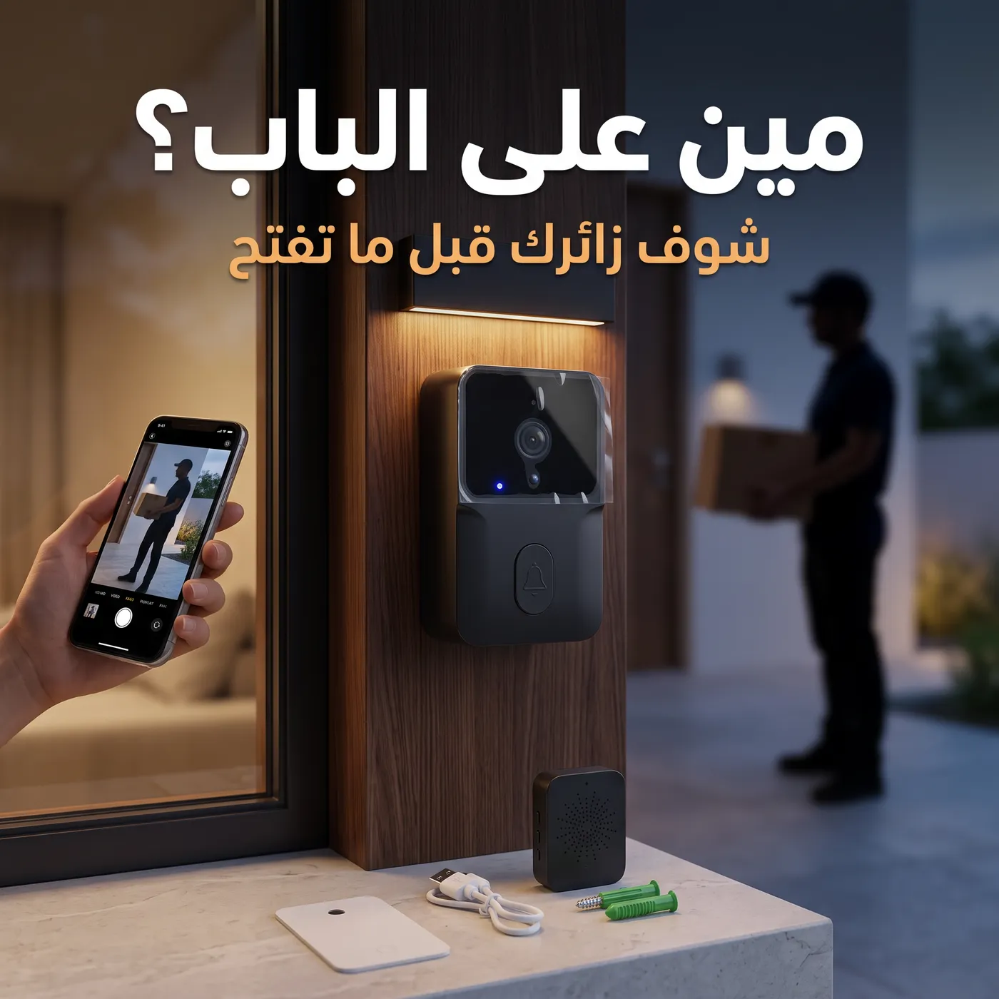 جوال يعرض المندوب اللي عند الباب، وجرس الباب بالكاميرا مركّب جنب الباب ومعه الجرس الداخلي
