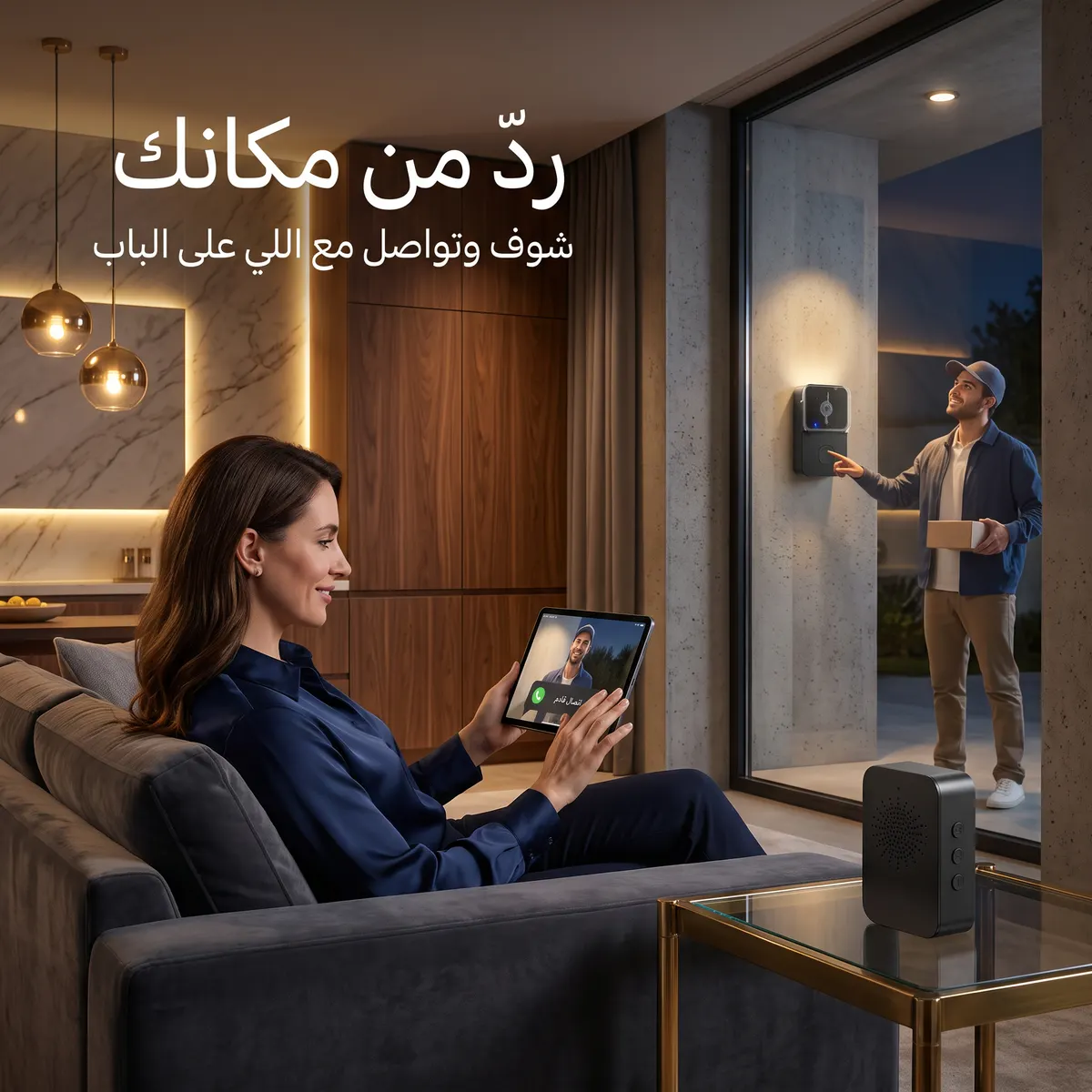 امرأة ترد على المندوب من الجهاز اللوحي وهي جالسة في البيت